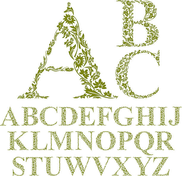 ilustraciones, imágenes clip art, dibujos animados e iconos de stock de estilo vintage floral, vector alfabeto letras fuente. - alphabet letter text letter q