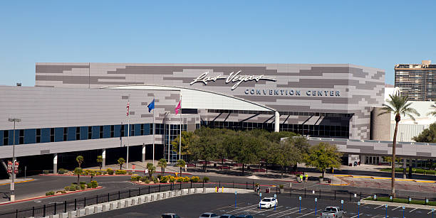 Las Vegas Convention Center Las Vegas, Nevada, USA - September 22, 2014: Low aerial view of the main enterance to the Las Vegas Convention Center located just east of "The Strip" and south of the downtown area. The Vegas Convention Center bost of being the largest single-level convention center in the world. las vegas photos stock pictures, royalty-free photos & images