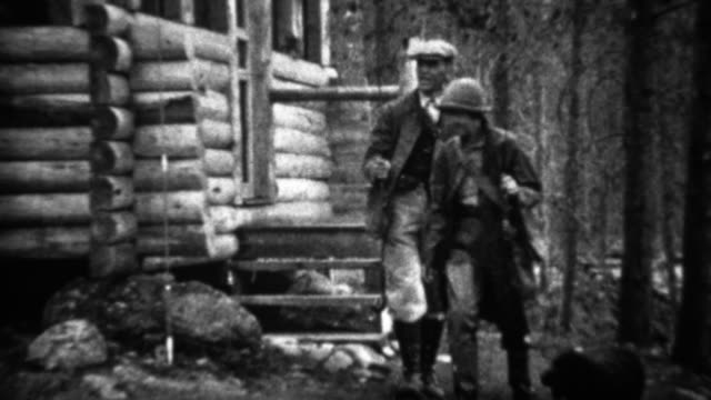 1934: Couple leaving rural log cabin for vacation fishing spot.