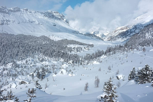 The Swiss Alps in winter from the Gemmi Pass in canton of Valais Switzerland over Leukerbad