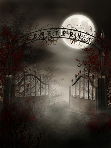 Night scenery with a graveyard gate and thorns