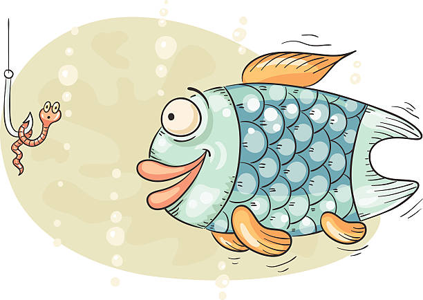 illustrazioni stock, clip art, cartoni animati e icone di tendenza di affamato di pesce e il verme sull'amo - worm cartoon fishing bait fishing hook