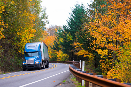 Big rig blue bonnet classic semi-truck with a bulk trailer in the picturesque winding road, metal fencing and a dividing strip on yellow background colorful autumn trees in Columbia Gorge.