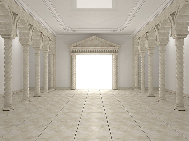 Classical portal in the hall with columns and arches in the Arabic style. Of portal shines bright white light. 3D rendering of high quality