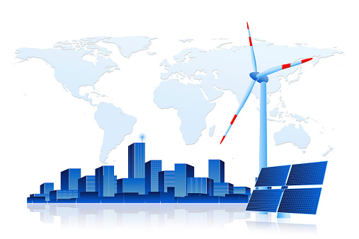 Concept of Solar Panel and Wind Turbine with Cityscape on the world map.
