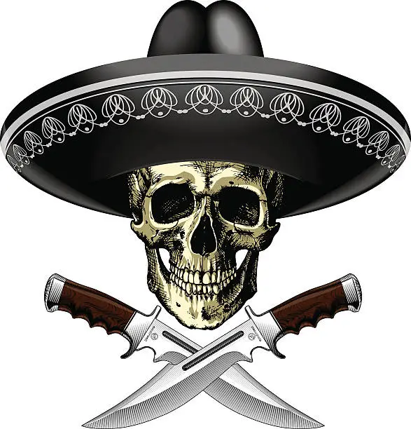 Vector illustration of Skull in sombrero with two knives on a blank background