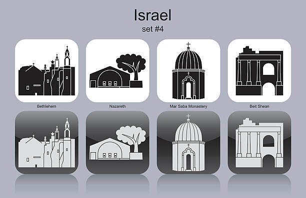 Icons of Israel Landmarks of Israel. Set of monochrome icons. Editable vector illustration. beit she'an stock illustrations