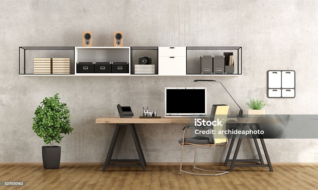 3d rendering of a modern workspace Contemporary home office with  laptop on minimalist desk - 3d rendering- Home Office Stock Photo