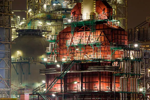 Details of a coker unit and details of a large oil-refinery plant at night