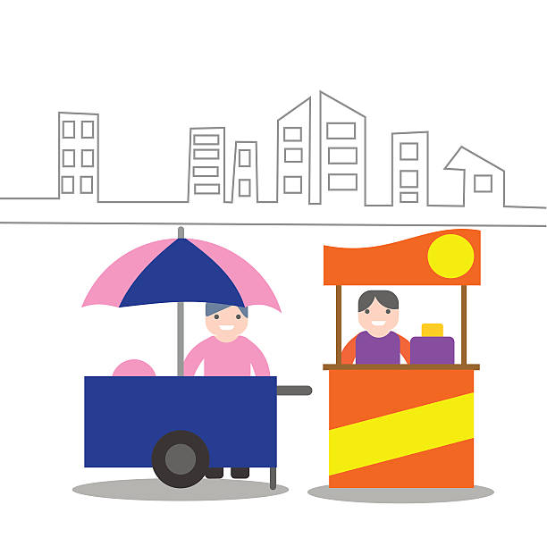 food carts with seller, food stand business vector art illustration