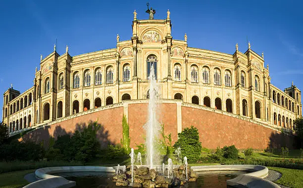 the famous bayerischer landtag with fountain - maximilianeum - munich - germany