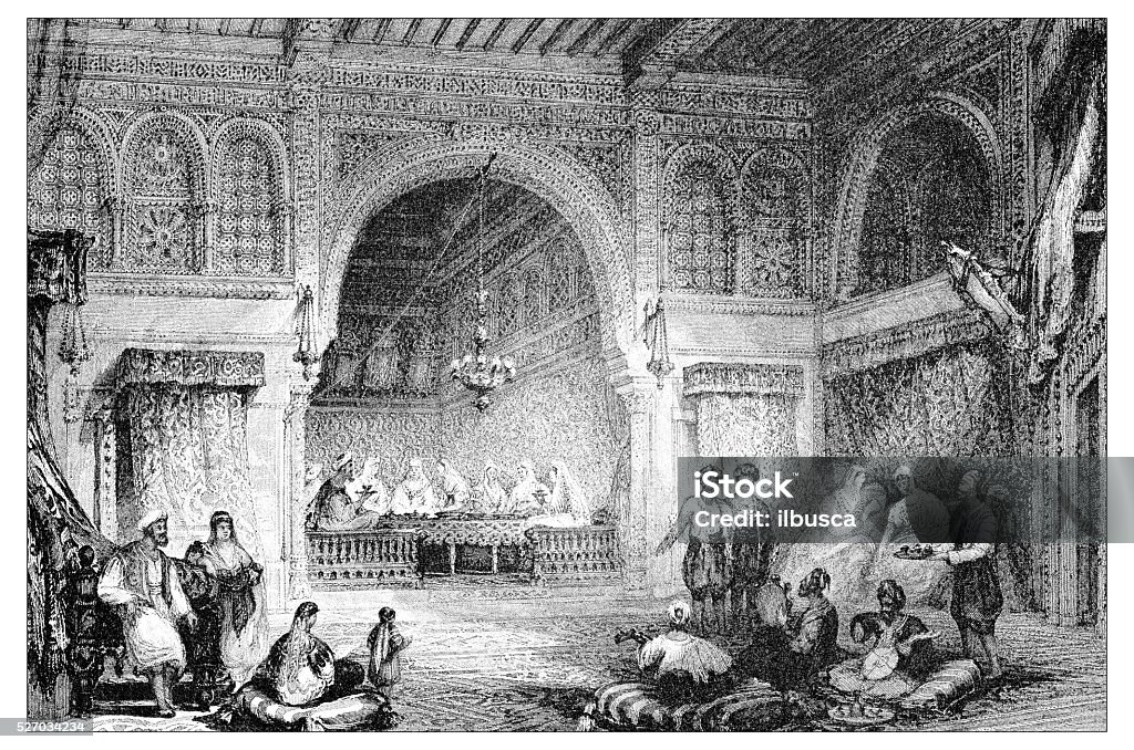 Antique illustration of mediterranean landscapes: Interior of moorish palace, Algiers 19th Century stock illustration