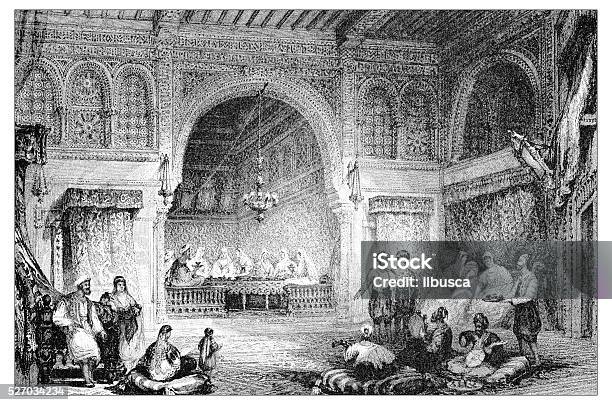 Antique Illustration Of Mediterranean Landscapes Interior Of Moorish Palace Algiers Stock Illustration - Download Image Now