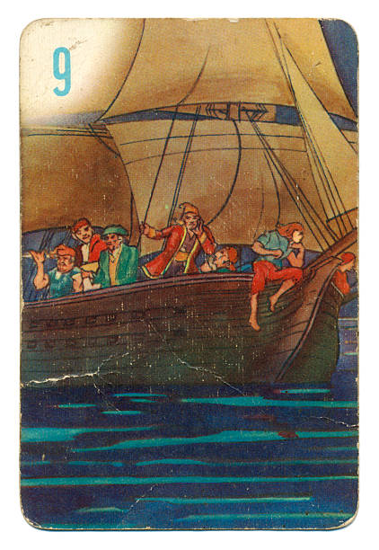 This is a Peter Pan playing card from British manufacturer Pepys with an illustration dating from 1939. Originally issued with green backs, this card is from a 1950s re-issue with red backs. The illustration shows the pirate ship at night.