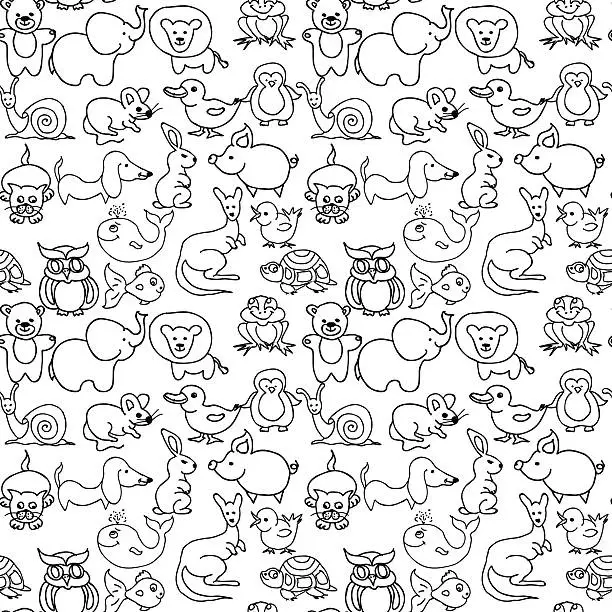 Vector illustration of Baby animals icons seamless pattern monochrome