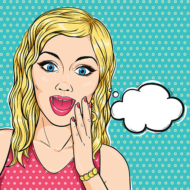 поп-арт восторге женщина лицо с открытый рот и пузырек с речью - whoop stock illustrations