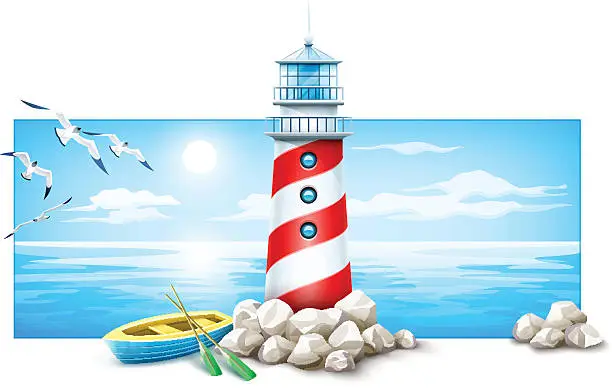 Vector illustration of Lighthouse and boat at stones island sea sunset panorama