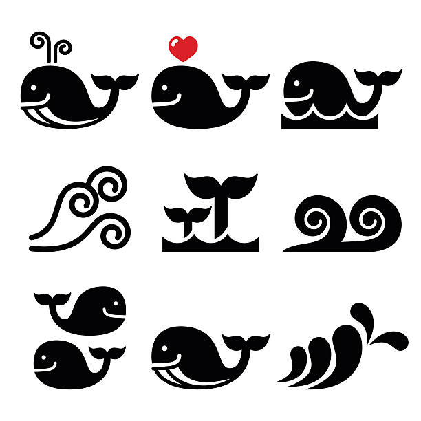 Whale, sea or ocean waves icons set Vector icons set isolated on white - wildlife whale tale stock illustrations