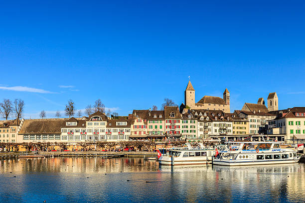 Rapperswil, Switzerland - 7 September, 2015: view of the historic part of the town over Lake Zurich. Town of Rapperswil is a part of the municipality of Rapperswil-Jona in the Swiss canton of St. Gallen, located on the east side of Lake Zurich.