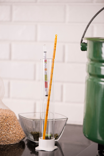 Beer make process concept: green barrel, test tube, hydrometer, yeast and seeds.