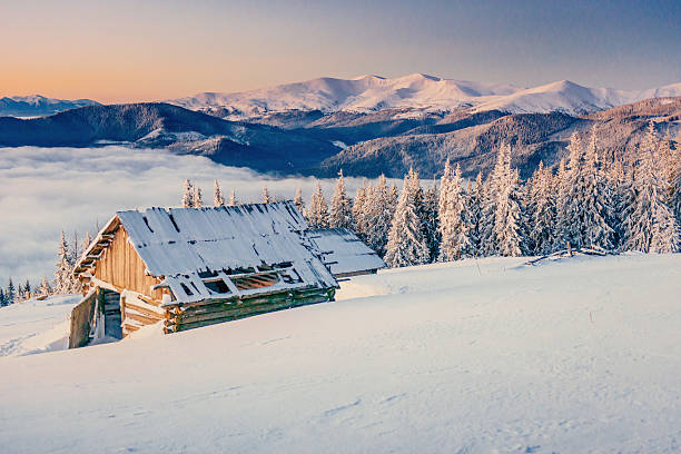 chalé na montanha. cárpatos, a ucrânia, a europa - drifted imagens e fotografias de stock