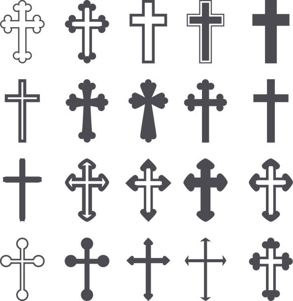 ilustraciones, imágenes clip art, dibujos animados e iconos de stock de conjunto de iconos de cruzamiento. decoradas atraviesa las señales y símbolos. vector de de - silhouette cross shape ornate cross