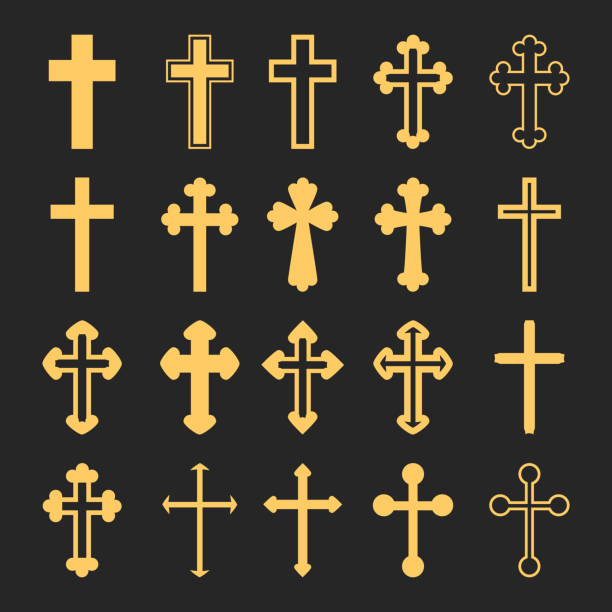 ilustraciones, imágenes clip art, dibujos animados e iconos de stock de conjunto de iconos de cruzamiento. decoradas atraviesa las se�ñales y símbolos. vector de de - silhouette cross shape ornate cross