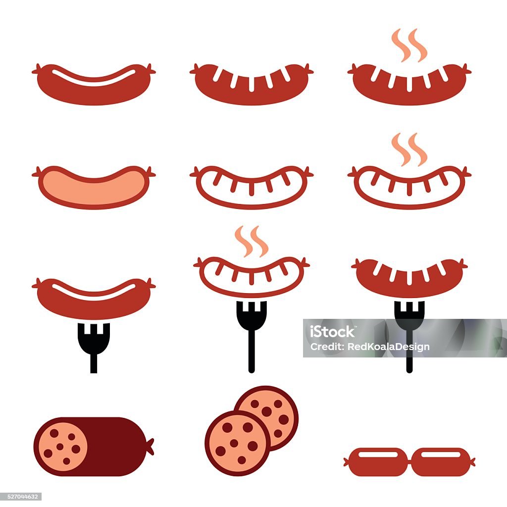 Saucisses grillées, avec embranchement coloré icônes ensemble - clipart vectoriel de Saucisse libre de droits