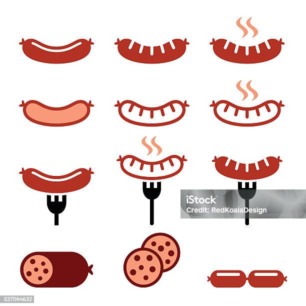 Saucisses Grillées Avec Embranchement Coloré Icônes Ensemble Vecteurs libres de droits et plus d'images vectorielles de Saucisse