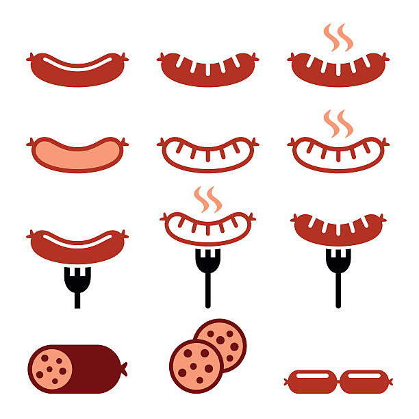 сосиски, приготовленные на гриле, и вилки красочные иконки набор - barbecue grill chef barbecue sausage stock illustrations