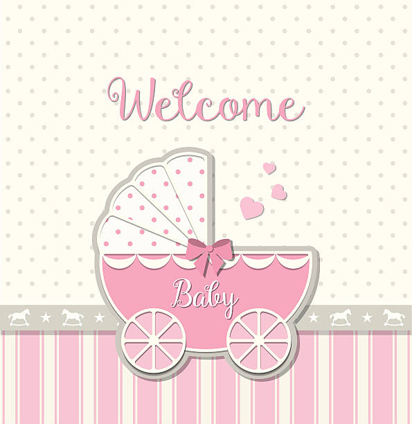 pink vintage stroller on abstract background in srapbooking style, baby shower, vector illustration, eps 10 with transparency