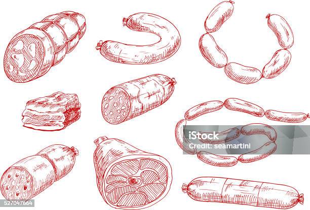 Fresh And Tasty Meat Products Red Sketch Icons Stock Illustration - Download Image Now - Sausage, Retro Style, Old-fashioned