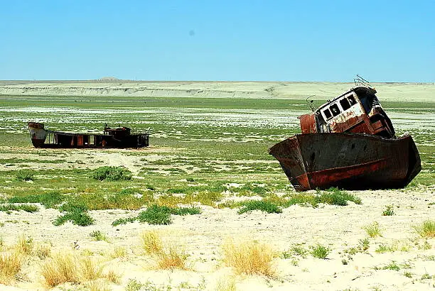 Vessels left abandoned in the north part of the Aral Sea in Kazakhstan, taken August 2008