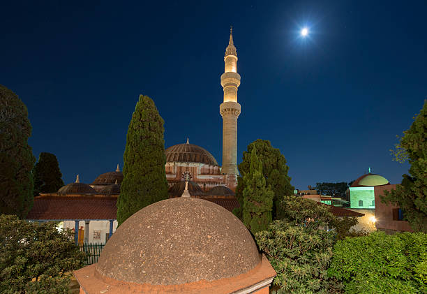 Mosque of Suleimaniye at dusk, Rhodes island, Greece stock photo