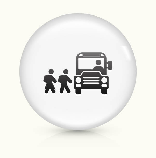 School Bus icon on white round vector button School Bus Icon on simple white round button. This 100% royalty free vector button is circular in shape and the icon is the primary subject of the composition. There is a slight reflection visible at the bottom. school bus stop stock illustrations