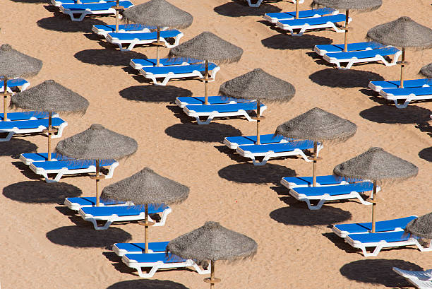 istock Tanning beds with parasols on a sandy beach 527051416