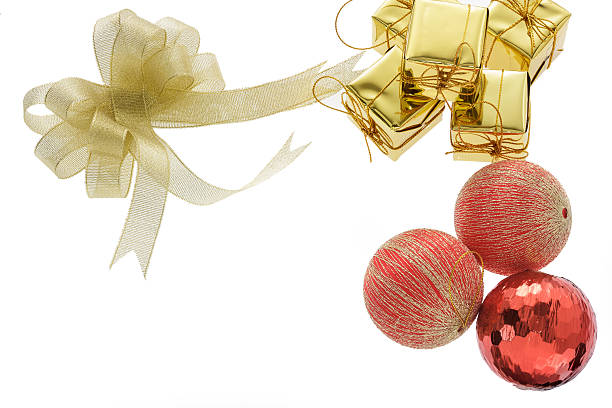 istock Christmas balls and golden gift boxes on white as background 527051595