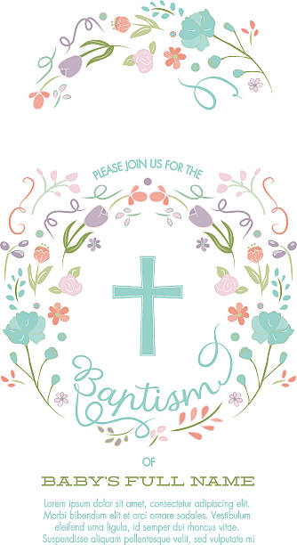 Baptism, Christening, First Holy Communion Invitation Template - Flower Border Baptism, Christening, First Holy Communion Invitation Template - Invite Card with Cross and Colorful Abstract Floral Wreath Border. Customizable with white background - for baby boy or girl christening stock illustrations