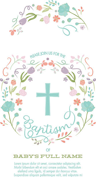 Baptism, Christening, First Holy Communion Invitation Template - Flower Border Baptism, Christening, First Holy Communion Invitation Template - Invite Card with Cross and Colorful Abstract Floral Wreath Border. Customizable with white background - for baby boy or girl baptism baby stock illustrations