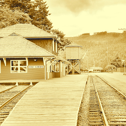 Vintage image of the railway station. Port Alberny. Vancouver island. British Columbia. Canada.