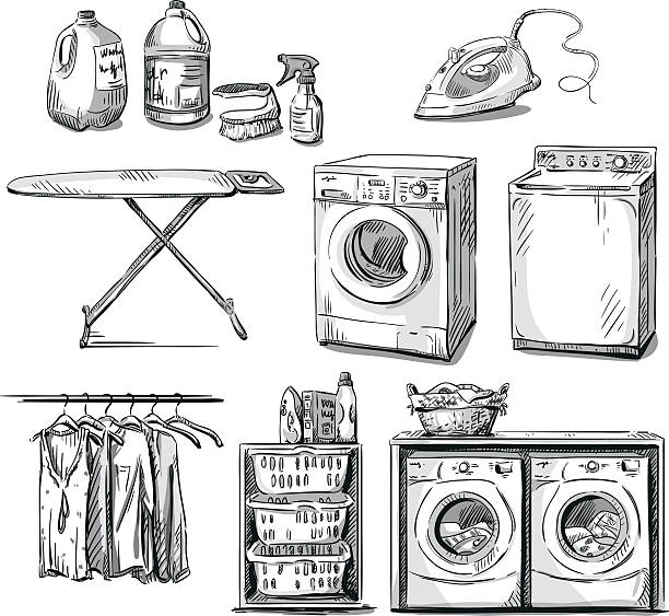illustrazioni stock, clip art, cartoni animati e icone di tendenza di grande lavaggio. lavanderia oggetti. vettore schizzo. - asciugatrice