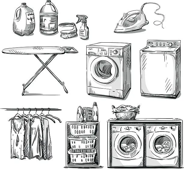 Vector illustration of big wash. Laundry objects. Vector sketch.