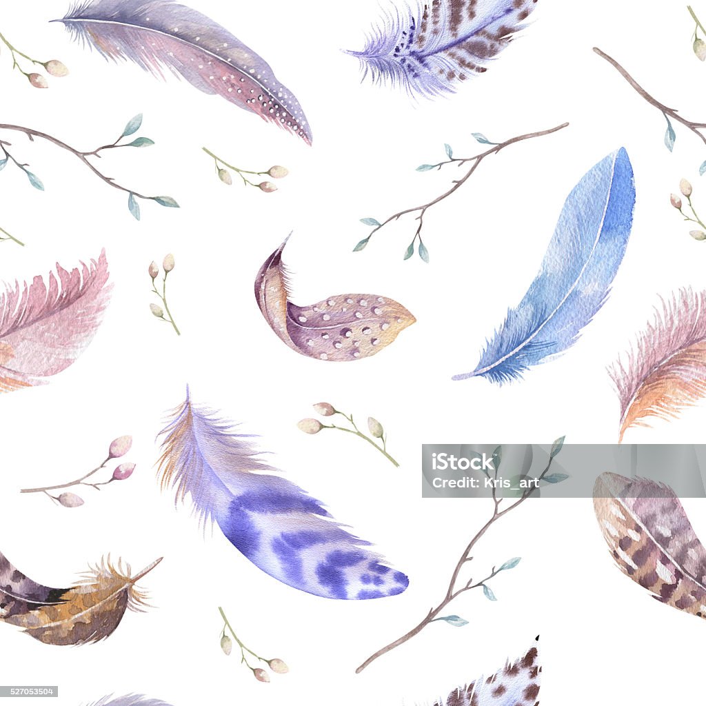 Feathers repeating pattern. Watercolor background with seamless Feathers repeating pattern. Watercolor background with seamless illustration. Watercolour color organic design. Seamless  boho texture with hand drawn feathers.  Bright colors. Animal Markings Stock Photo