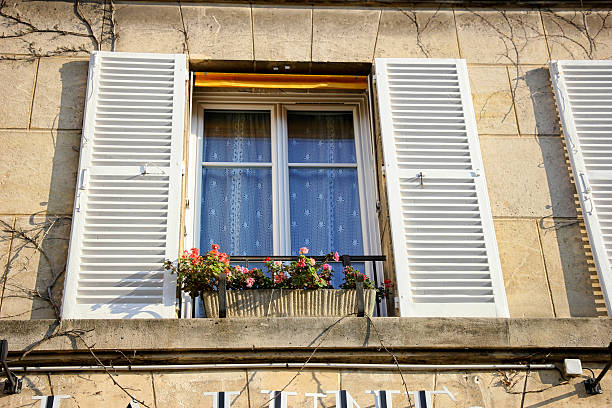 istock Charming window with flowers and lace curtain. 527054142