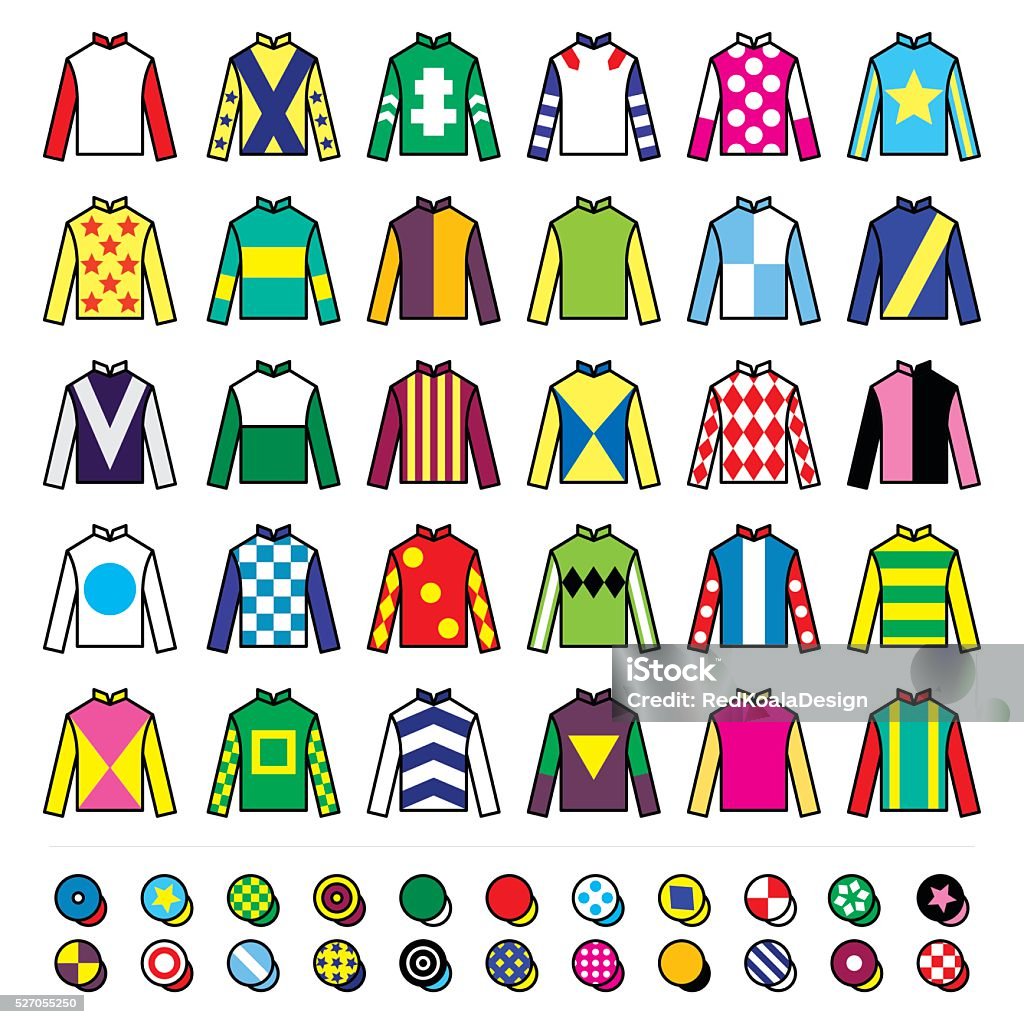 Jockey uniform - jackets, silks and hats, horse riding Vector icons set - horse racing jockey uniform designs isolated on white  Jockey stock vector
