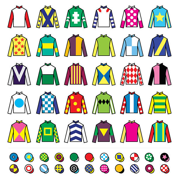 Jockey uniform - jackets, silks and hats, horse riding Vector icons set - horse racing jockey uniform designs isolated on white  jockey stock illustrations