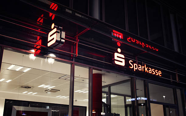 red lettering Sparkasse stock photo