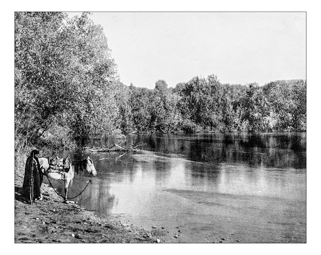 Antique photograph of the Jordan River and its shores (covered in vegetation) with an arabic man with his horse (19th century picture). The river Jordan is a river running through Israel, Jordan, Palestine and flowing to the Dead Sea