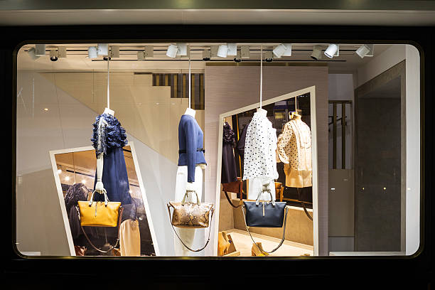 boutique fashion display window in shop - skyltfönster bildbanksfoton och bilder