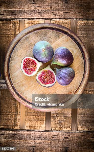 Figs On Old Wooden Top View Food Background Stock Photo - Download Image Now - Autumn, Box - Container, Close-up